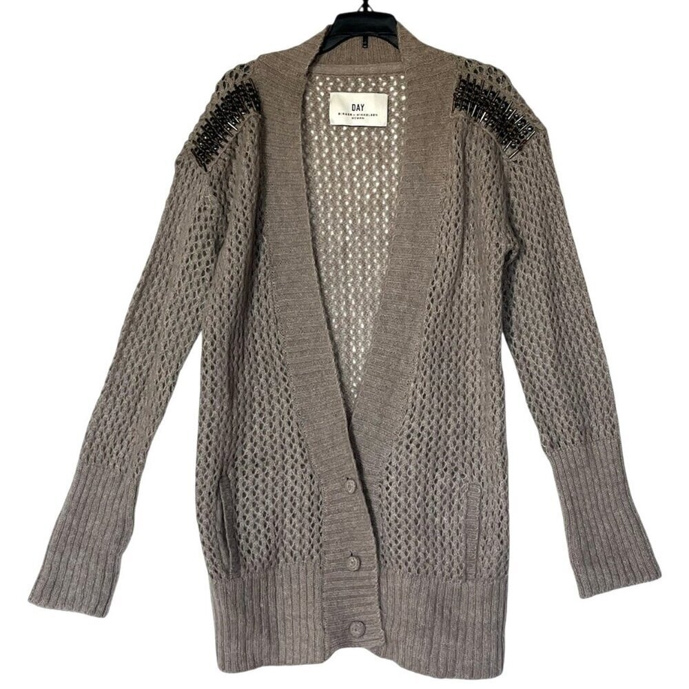 DAY Birger et Mikkelsen Taupe Wool Mohair Blend Long Sweater Cardigan - Picture 2 of 12